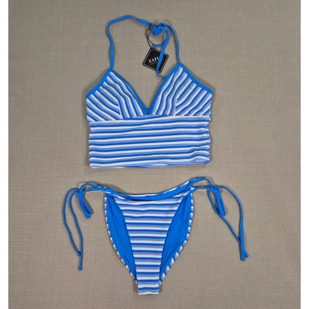 Zaful Blue White Striped Terry Tankini Swimsuit Set Halter Side Tie Size M NWT